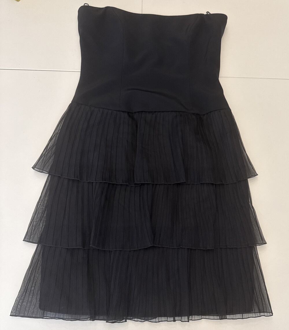 Vtg ROLAND NIVELAIS Black Silk Strapless Tiered Ruffle Cocktail Party Dress 8